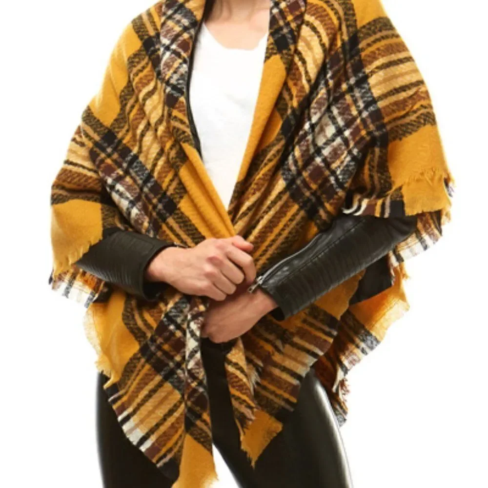 Ladies Mustard Plaid Blanket Scarf